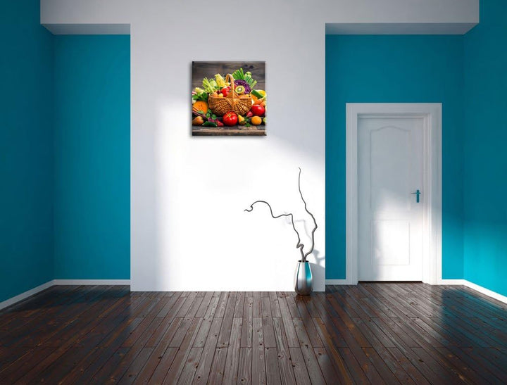 Pixxprint Frisches Obst und Gemüse im Korb, Format: 70x70 auf Leinwand, 70x70