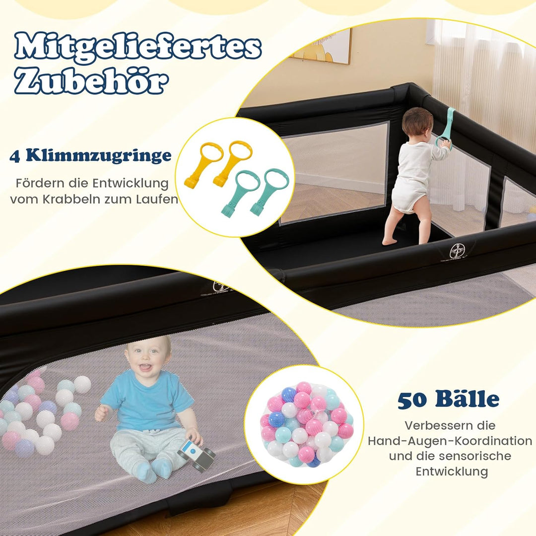 GOPLUS 150 x 150cm Laufstall Babys, Laufgitter faltbar mit 50 bunten Bällen, 4 Griffen &amp; Tragetasche
