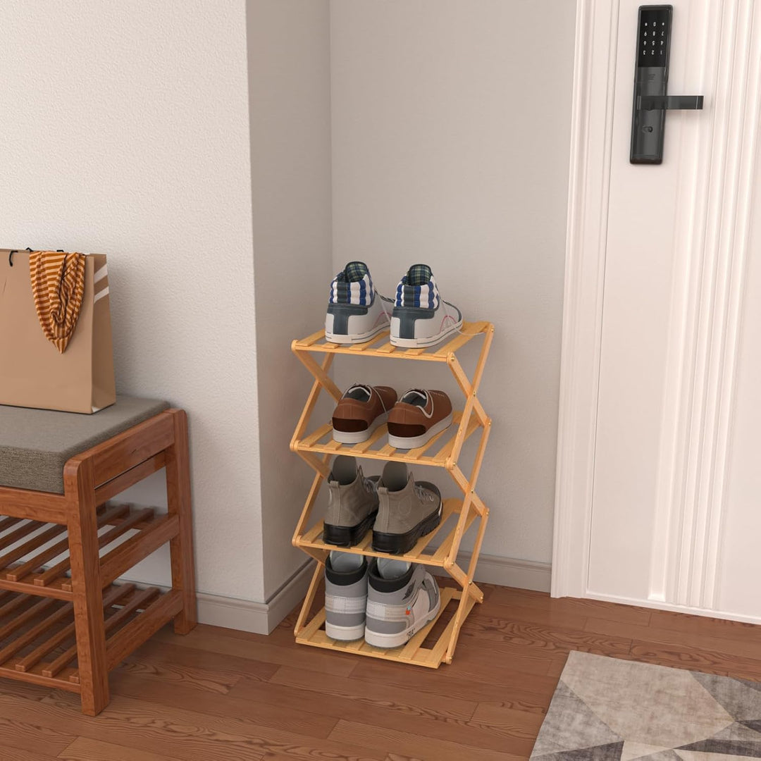 OHMG Regal aus Holz, faltbar, 4 Ebenen, Schuhregal, faltbar, aus Bambus, leicht, mit starker Tragfäh