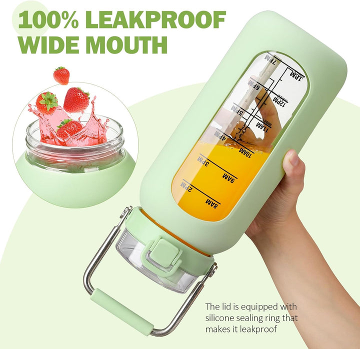 BLUEGO 2000ml Glaswasserflasche mit Edelstahlgriff und Zeitmarkierung 2L Trinkflasche Borosilikatgla