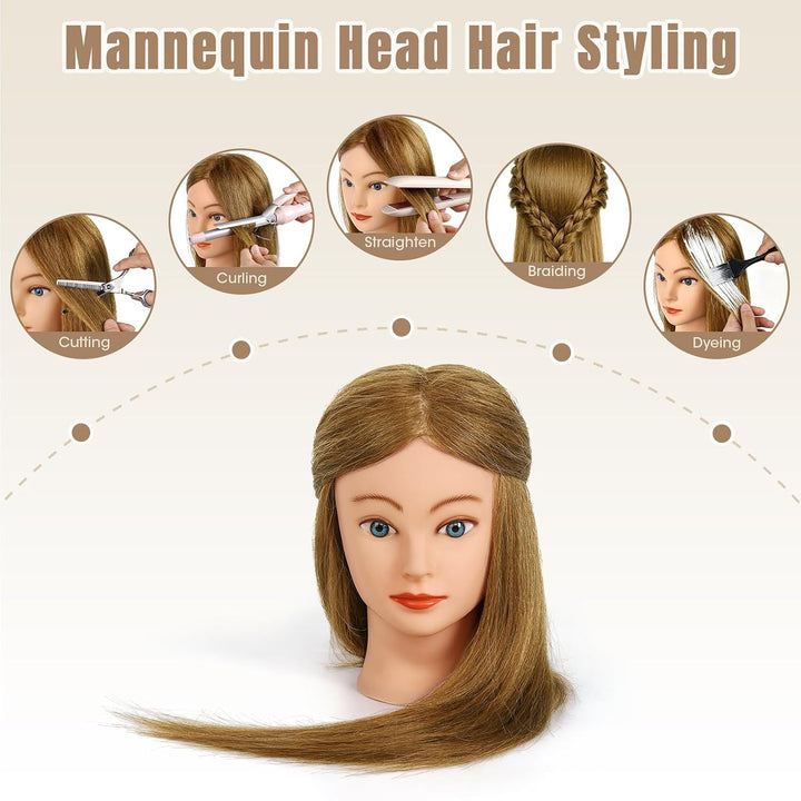 Friseur Übungskopf 100% Echthaar, 45 cm / 18 Zoll Mannequin Kopf mit Haaren, Friseurkopf Trainingsko