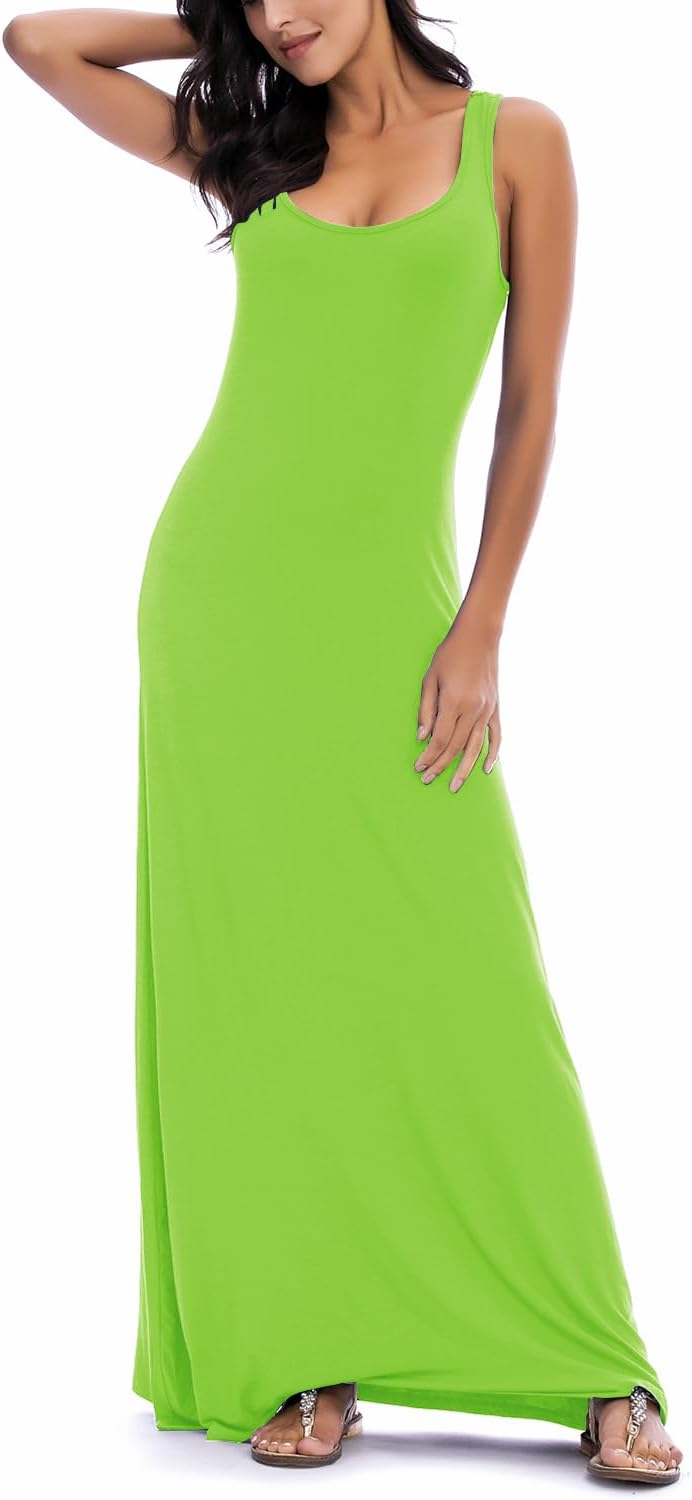 Damen Sommer Leichte Ärmellos Strand Maxi Kleid Elegant Elastisch Tunika Lang Kleider, Bright Green