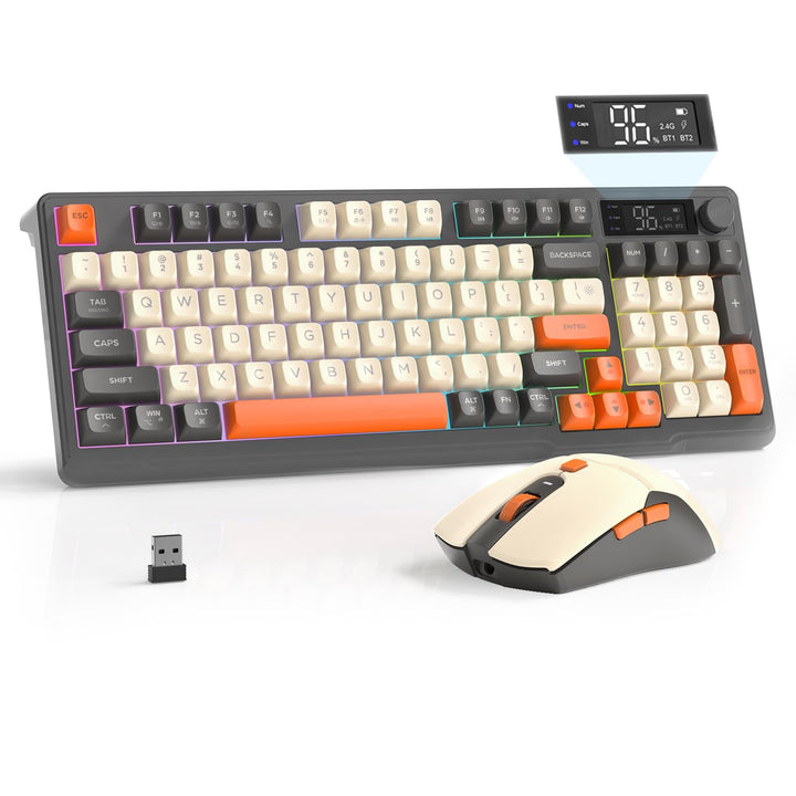 FREEWOLF T96 Kabellose Tastatur und Maus, Bluetooth & 2.4G, PBT-Tastenkappen, Medienrad, Display, Le