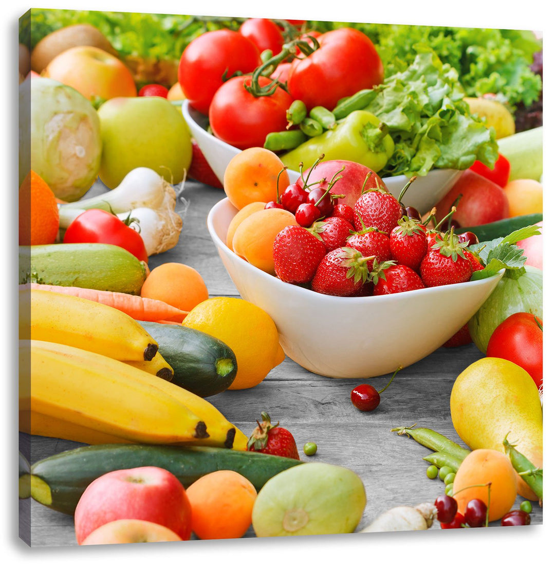 Pixxprint Buntes Obst und Gemüse Schwarz/Weiss, Format: 70x70 auf Leinwand, 70x70