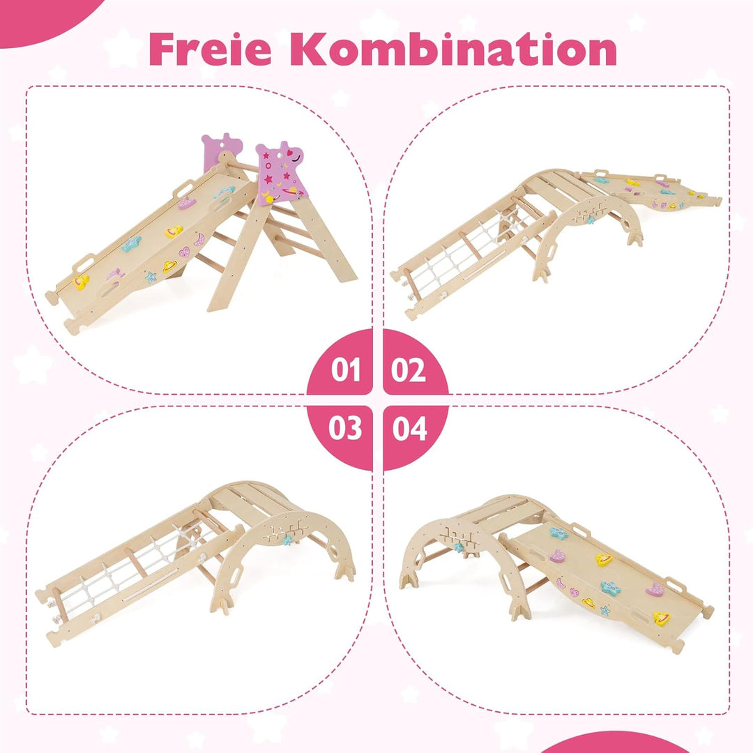 GOPLUS 9-in-1 Klettergerüst Indoor, Kletterdreieck Holz, 4er Set Kletterspielzeug mit Kletternetz, K