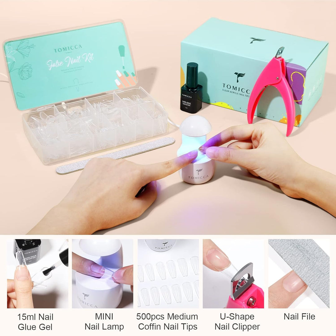 TOMICCA Nail Tips und Kleber Gel Kit - Extension Set mit Mini Nagellampe, 2 in 1 Nagelkleber, 500 PC
