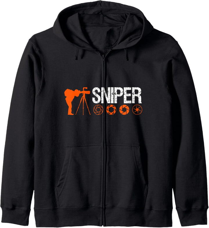 Sniper Kameramann mit Kamerablenden und Objektiv Kapuzenjacke