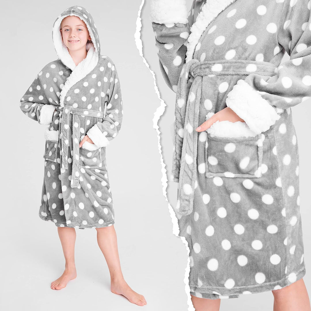 CityComfort Bademantel Kinder Mädchen, Fleece Morgenmantel Kinder Dressing Gown mit Punkten, Grau