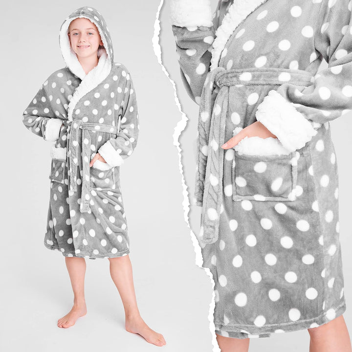 CityComfort Bademantel Kinder Mädchen, Fleece Morgenmantel Kinder Dressing Gown mit Punkten, Grau