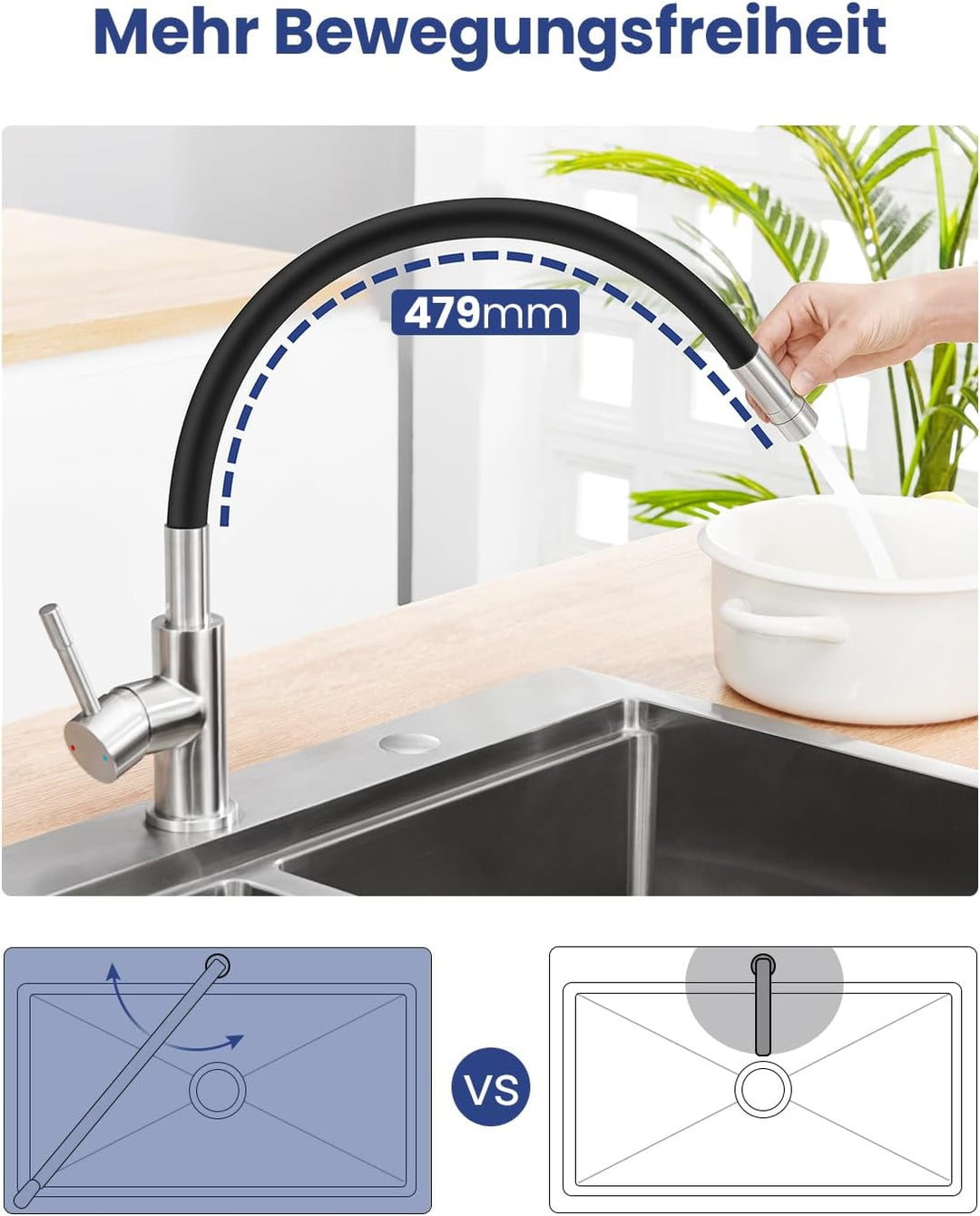 Sofetiy Flexible Küchenarmatur Schwarz, Wasserhahn Küche mit 2 Wasserstrahlen, Mischbatterie Küche S