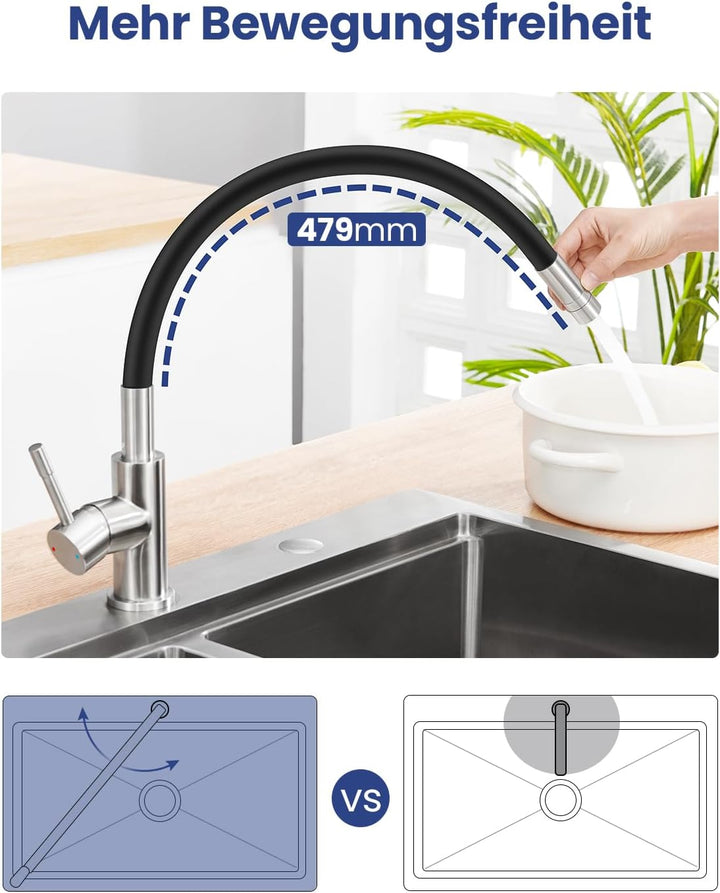 Sofetiy Flexible Küchenarmatur Schwarz, Wasserhahn Küche mit 2 Wasserstrahlen, Mischbatterie Küche S