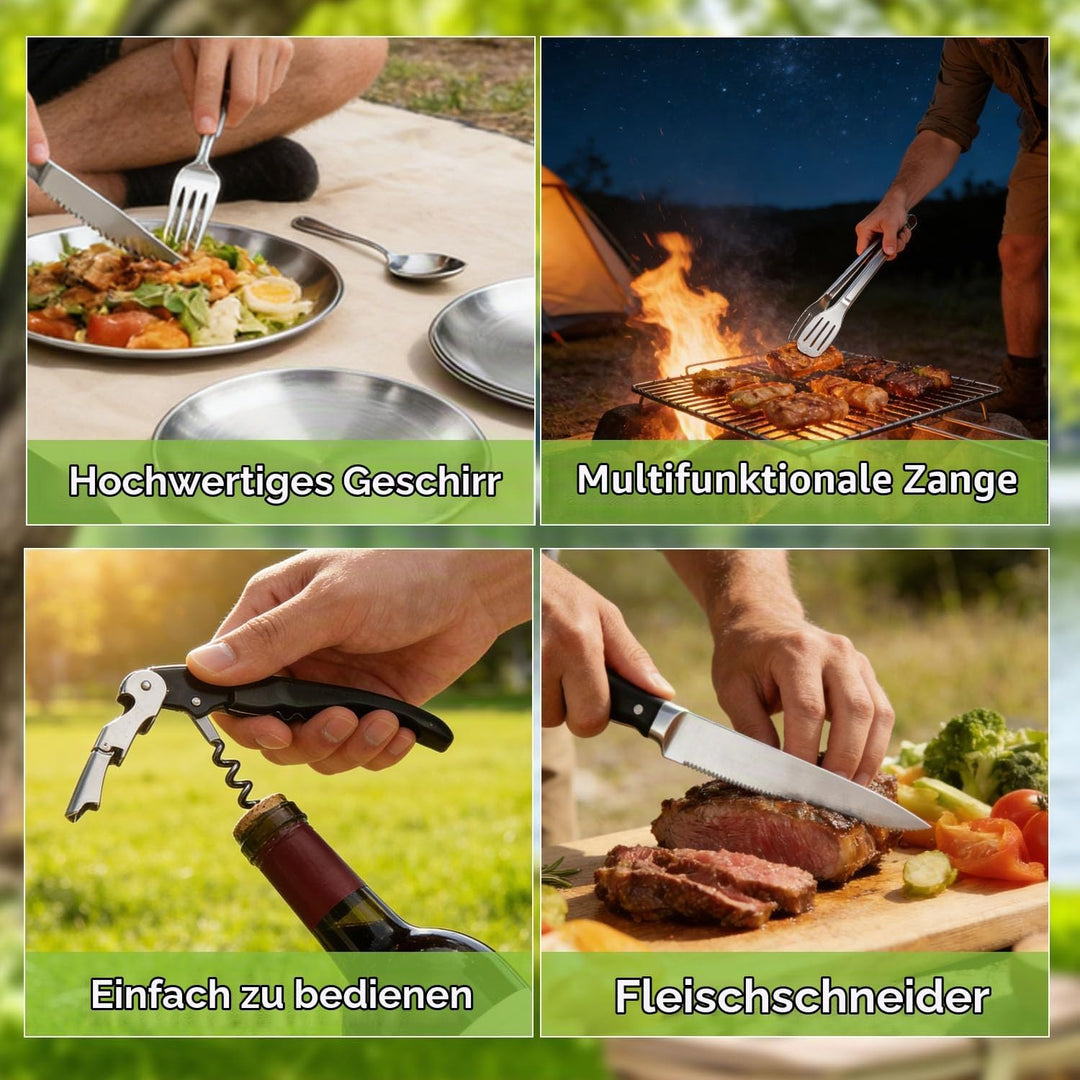 Camping Geschirr Set, Camping Besteck Edelstahl Inklusive Bestecktasche Edelstahl-Gabeln, Messer und