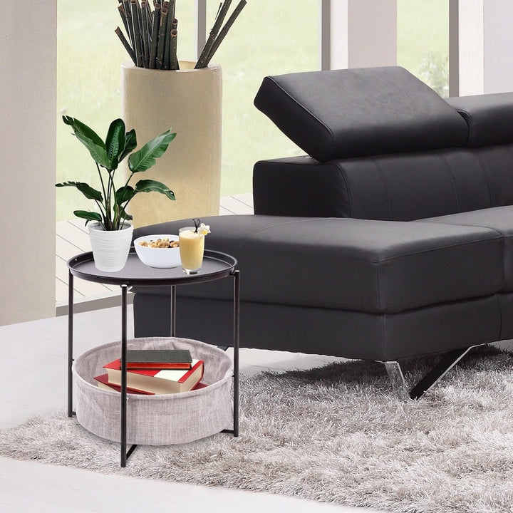 ONVAYA® Beistelltisch Linda rund | Schwarz | Couchtisch mit Korb &amp; Tablett | aus Metall | für Wohnzi