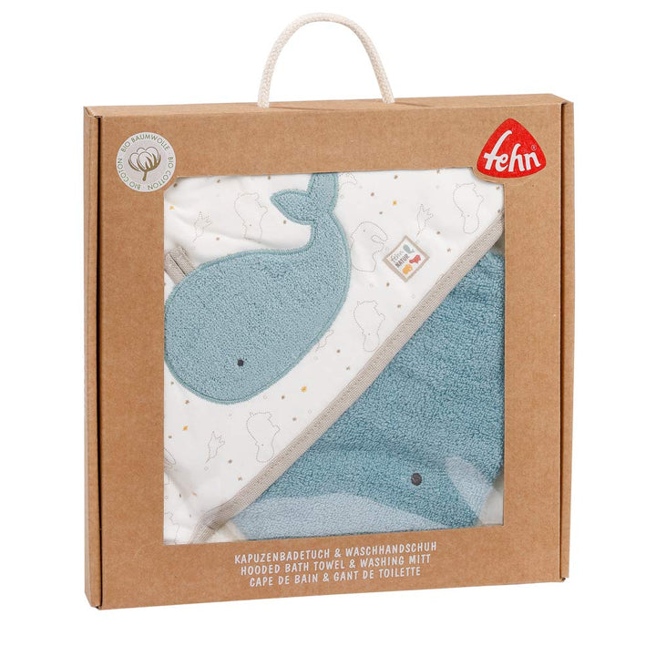 Fehn Baby Wal Badetuch & Waschhandschuh Bade-Set - Kapuzenhandtuch mit süssem Wal - Kinder Poncho au