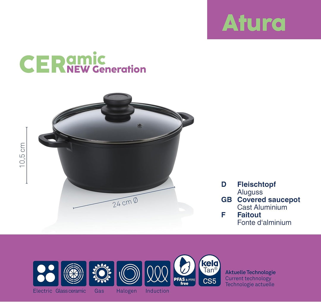 kela Fleischtopf 24 cm mit Glasdeckel ATURA, Kochtopf gross 3,2 Liter, Topf Induktion, Aluguss keram
