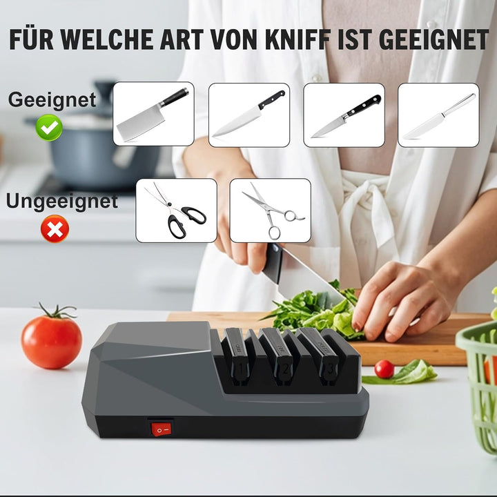 Diamant Messerschleifer Elektrisch Profi, Küchenmesser Schleifer mit 3 Stufen and Diamantscheibe, Au