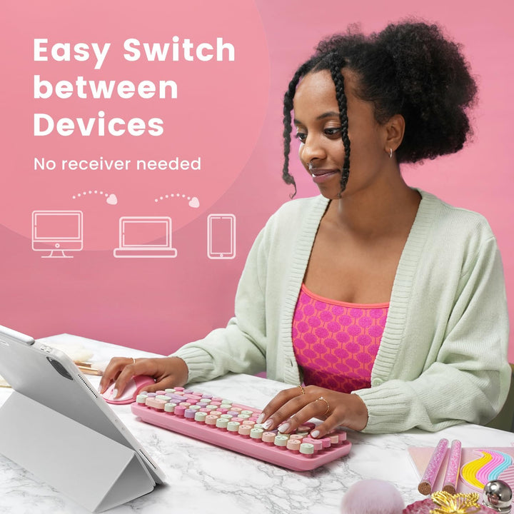 Perixx PERIDUO-802PK Bluetooth Mini Keyboard and Mouse Combo - Retro Round Key Caps - Pastel Pink -