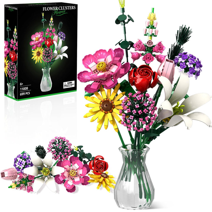Flower Clusters Blumenstrauss-Bausatz-Set, 721 Teile Ewiger Strauss mit Pfingstrose, Rose, Sonnenblu