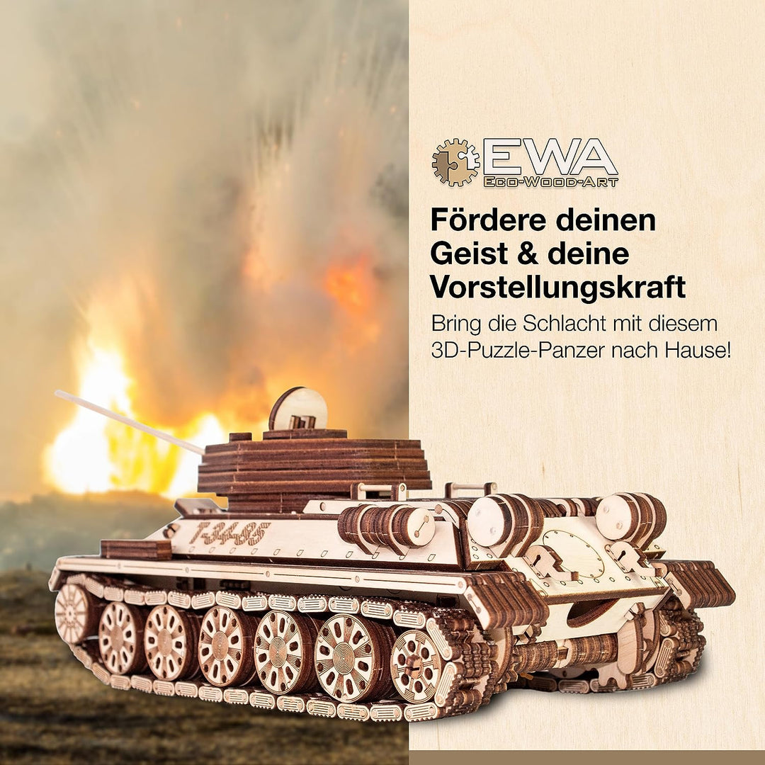 EWA Eco-Wood-Art 3D Puzzle Erwachsene 3D Holzpuzzle mit Gummibandmotor, Rädern &amp; rotierender Kanone