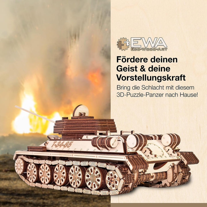 EWA Eco-Wood-Art 3D Puzzle Erwachsene 3D Holzpuzzle mit Gummibandmotor, Rädern &amp; rotierender Kanone