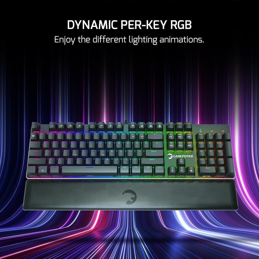 GAMEPOWER Ogre RGB Gaming Tastatur, Blue Switch Mechanical Keyboard, QWERTZ DE-Layout, mit Handgelen