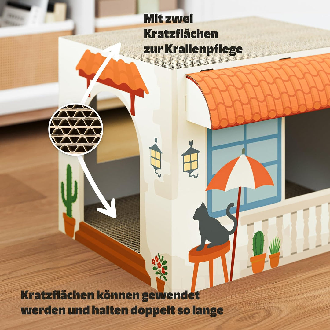 Cat’s Palace Katzenhaus Mediterrane Finca – Rückzugsort &amp; Kratzmöbel mit 2 Kratzflächen für Katzen |