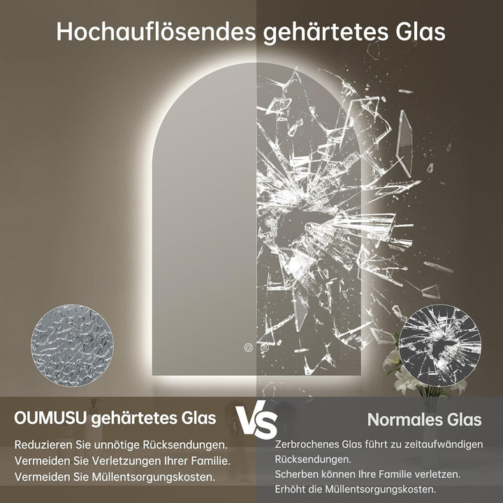 OUMUSU Badspiegel mit Beleuchtung Bogen 50x75 cm, Rahmenlos Badezimmerspiegel mit Beleuchtung, Gewöl
