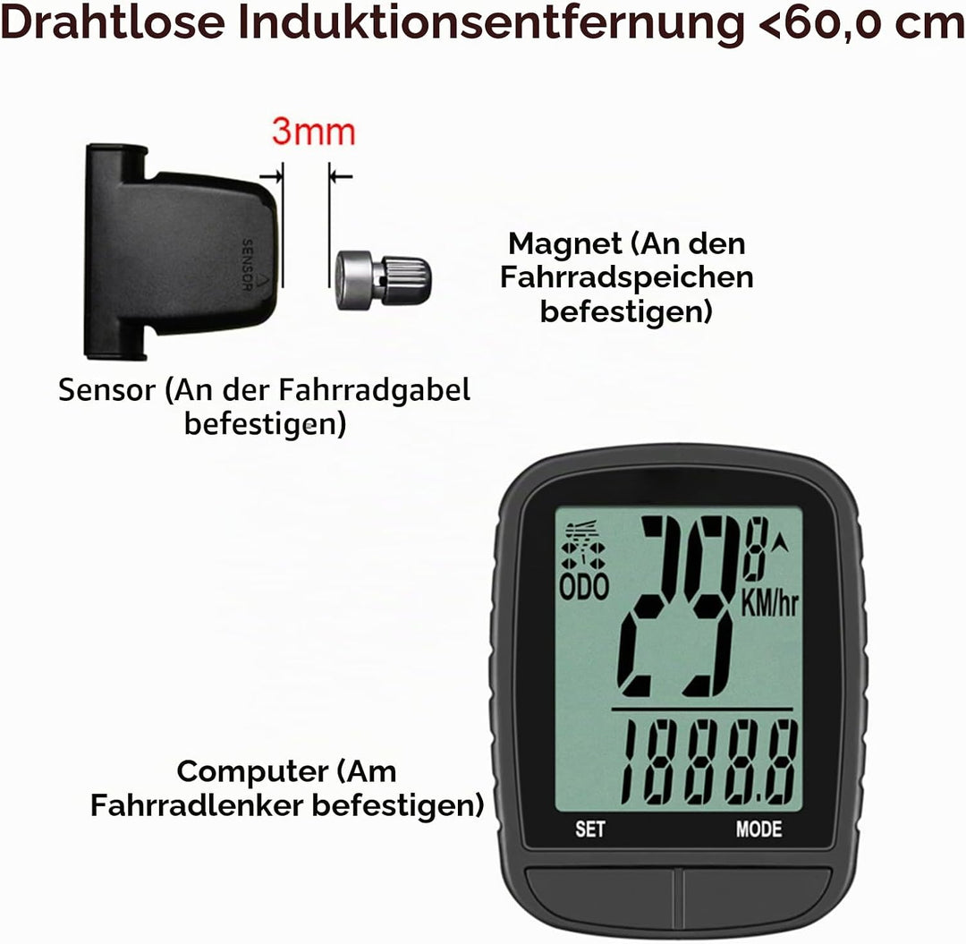 Fahrradcomputer Kabellos, 24 Funktionen Fahrradtacho Auto Schlaf Aufwachen Hintergrundbeleuchtung Re