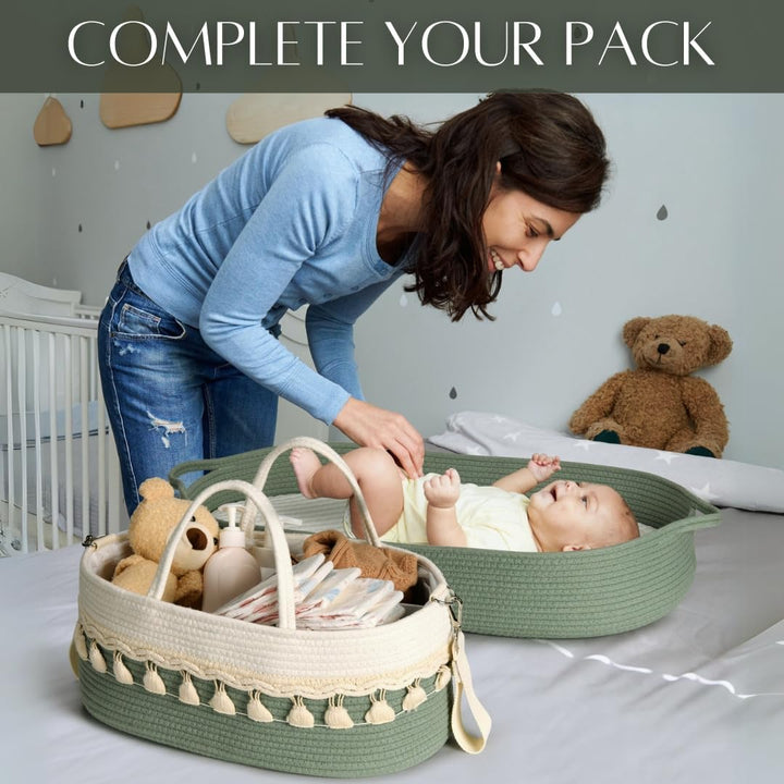 SEBRAM Wickeltisch Organizer Baby – Wickelkorb Boho aus Baumwollseil, Windel Organizer Caddy & Winde