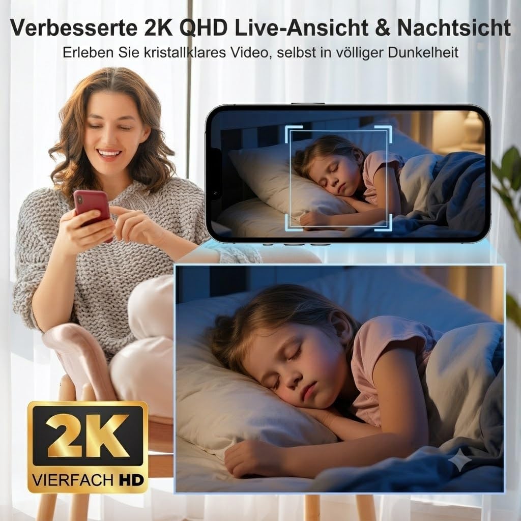 Überwachungskamera 2K-Drahtlose Innenkamera mit Sicherheitskamera(Schwarz) | 30-Tage Akkulaufzeit 2.