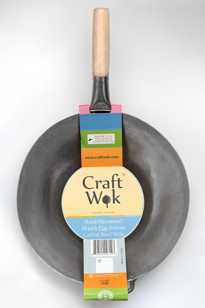 Craft Wok 731W316 Pow-Wok, flach, handgehämmerter Karbonstahl, mit Holz- und Stahlgriff, 35,6 cm, fl