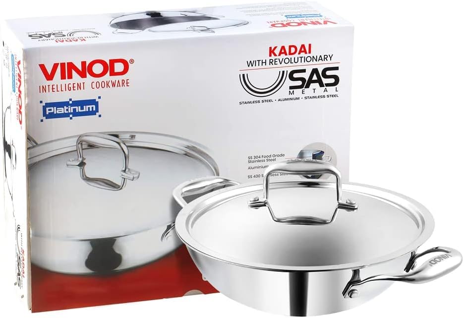 Vinod Wok mit Deckel, 3-lagig, antihaftbeschichtet, Induktionsherd, mit Deckel, Edelstahl, Kadai-Pfa