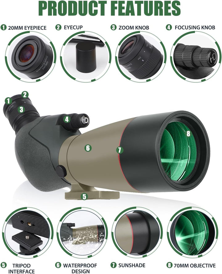 25-75x70 HD Spektiv Sportschützen mit Stativ- und Smartphone-Adapter, Zoom Bak4 Prism FMC Lens 45-Gr