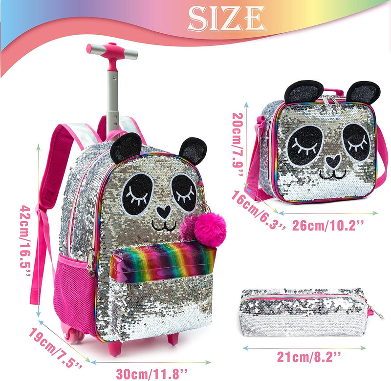 HTgroce Trolley Rucksack Kinder Mädchen,Panda 3 in 1 Kinder Trolley Schultasche mit Rollen Rucksack