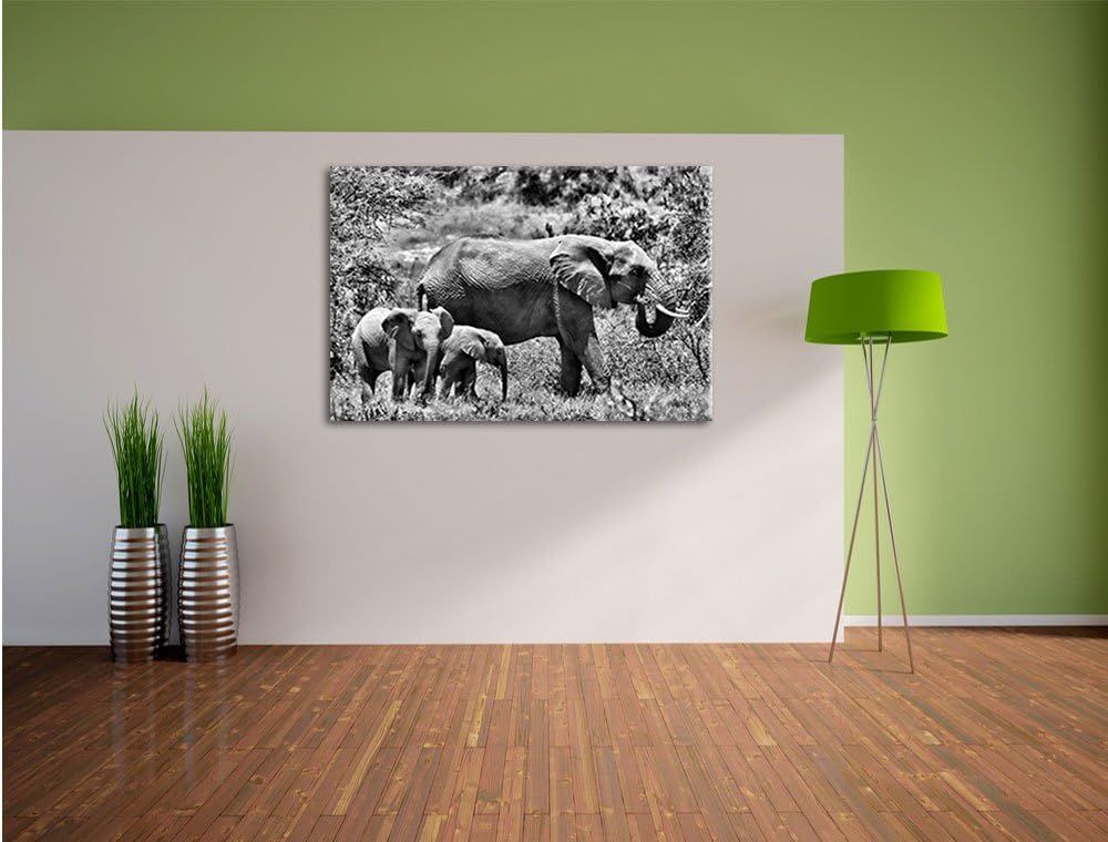 Pixxprint Monocrome, friedliche Elefantenfamilie, Format: 100x70 auf Leinwand, 100x70