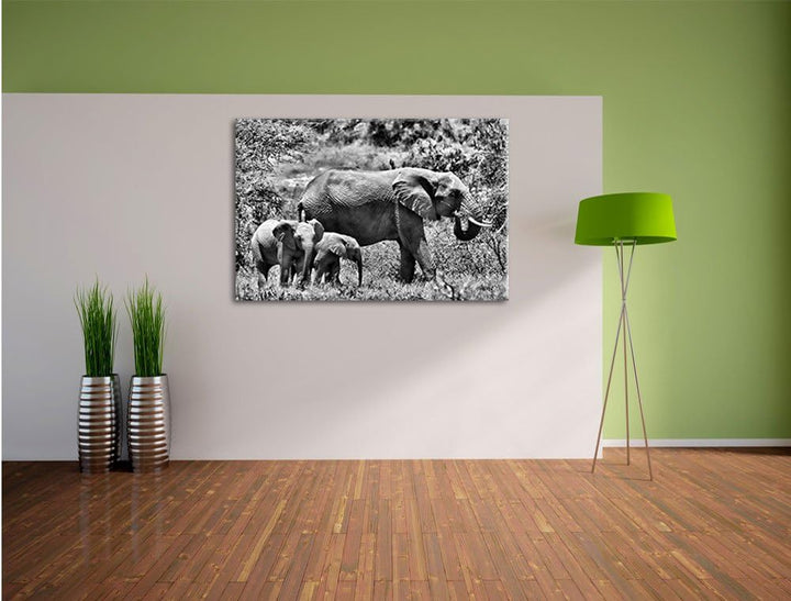 Pixxprint Monocrome, friedliche Elefantenfamilie, Format: 100x70 auf Leinwand, 100x70