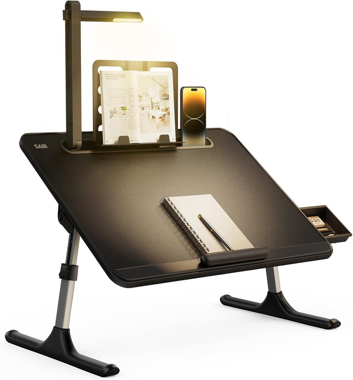 Tisch Bett Laptoptisch, SAIJI Bett Tisch mit LED Lampe, Höhen Winkel verstellbar, mit Buchständer, S