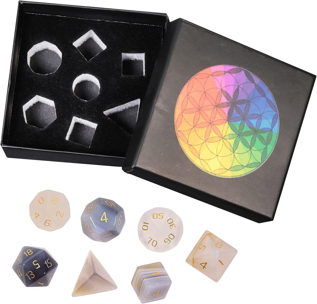 KYEYGWO Grauer Achat Kristall Polyedrische Würfel Set, 7pcs Reiki Heilung Stein Polyedrischer Spielw