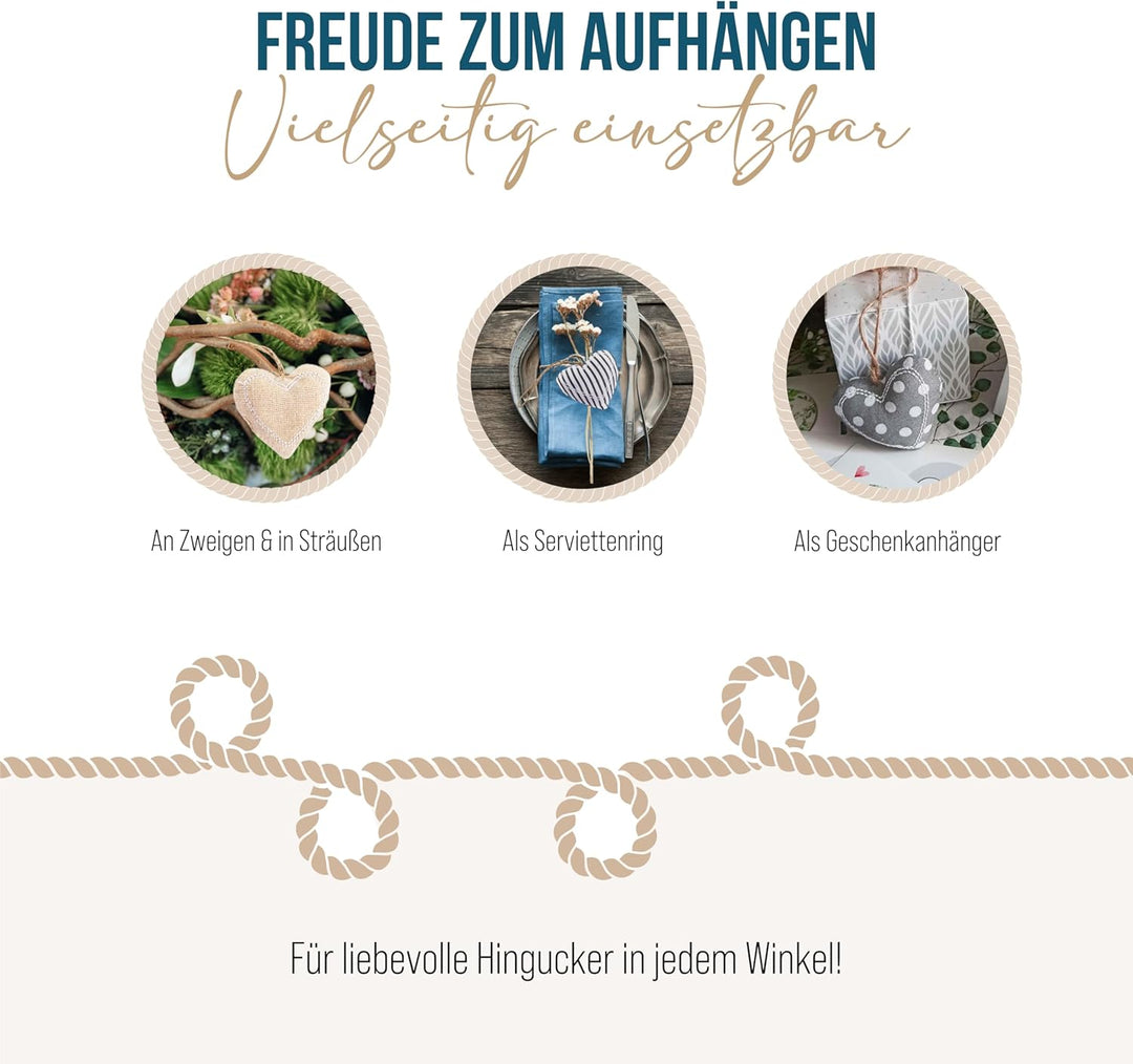 12 Stoffherzen Anhänger beige 6 cm – Hochzeitsgeschenk | Stoff-Herzanhänger Muttertag Deko 12 Stück,