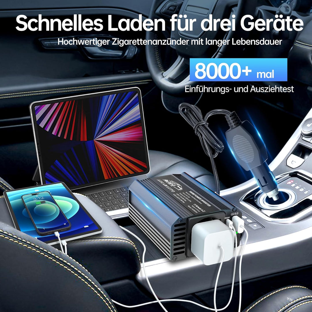 Upgrade 300W Spannungswandler, Wechselrichter 12V auf 230V Stromumwandler mit PD 65W & QC3.0 18W USB