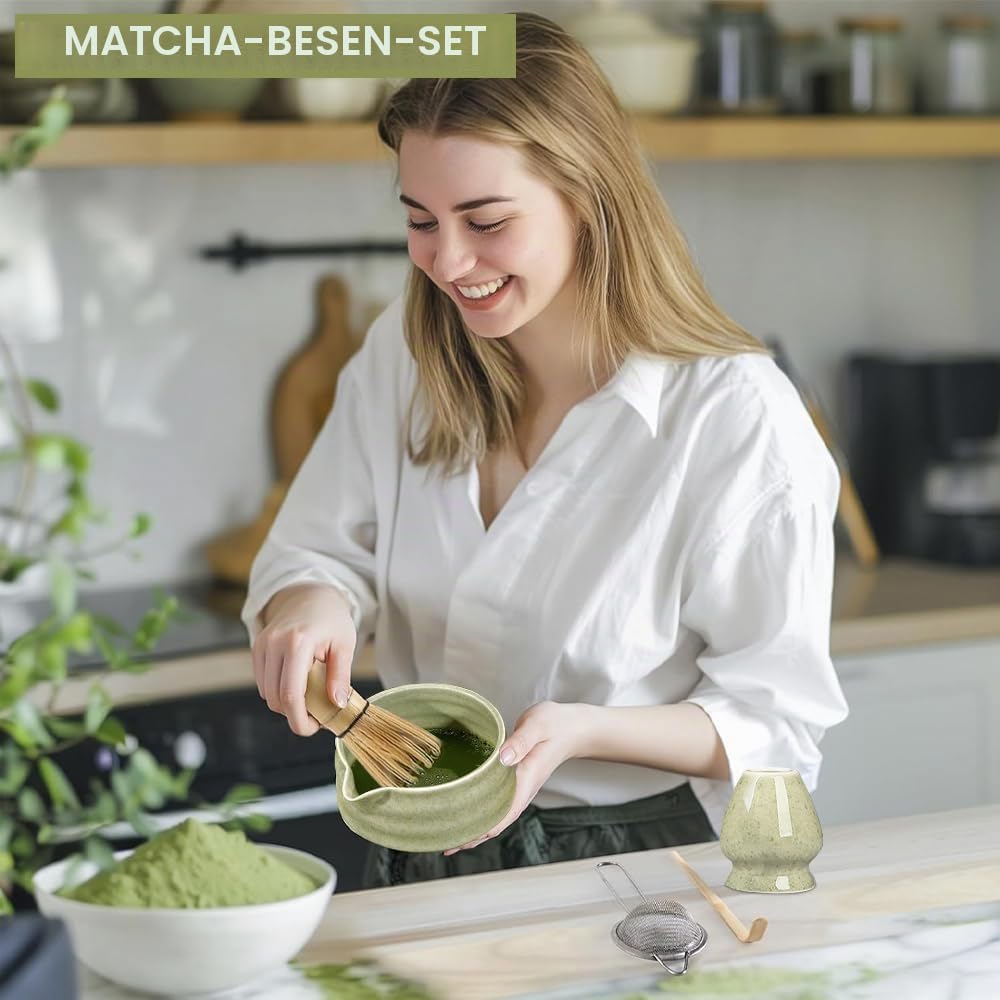 5 Stück Matcha Set, Bambus Besen, Keramik Schale mit Ausgiesser, Whisk, Schaufel, Sieb, Ohne Pulver,