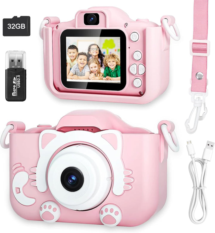 Kinderkamera für Mädchen, 3-12 Jahre, 2.0”Display Digitalkamera, Doppelobjektiv, 32GB SD-Karte, Sili