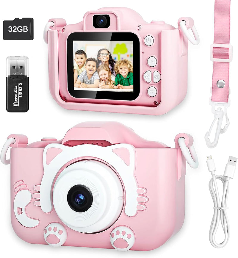Kinderkamera für Mädchen, 3-12 Jahre, 2.0”Display Digitalkamera, Doppelobjektiv, 32GB SD-Karte, Sili