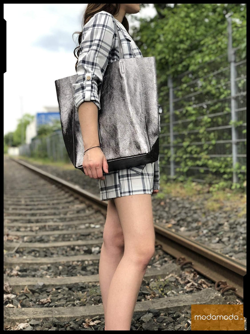 modamoda de - T163 - Ital. Shopper Large mit Innentasche aus Leder, Silber-metallic