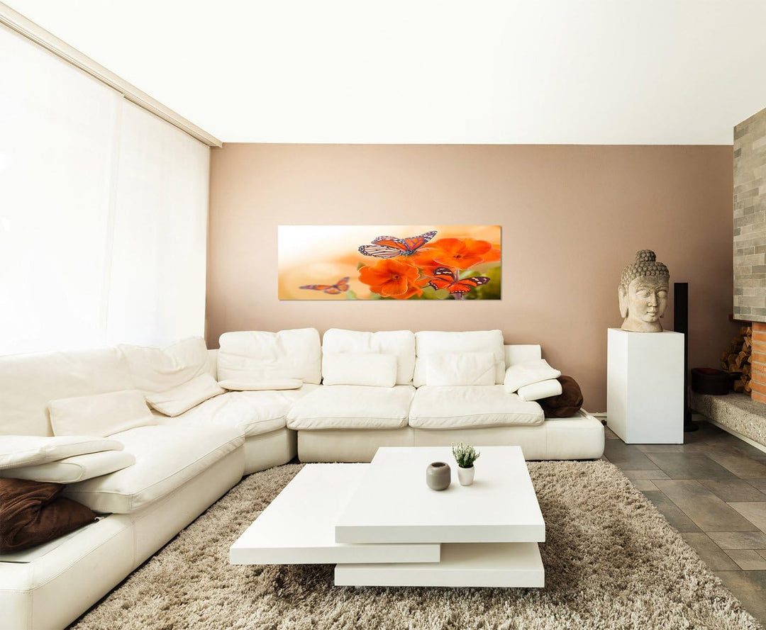 Paul Sinus Art Panoramabild auf Leinwand und Keilrahmen 150x50cm Primel Blumen Schmetterlinge Sonnen