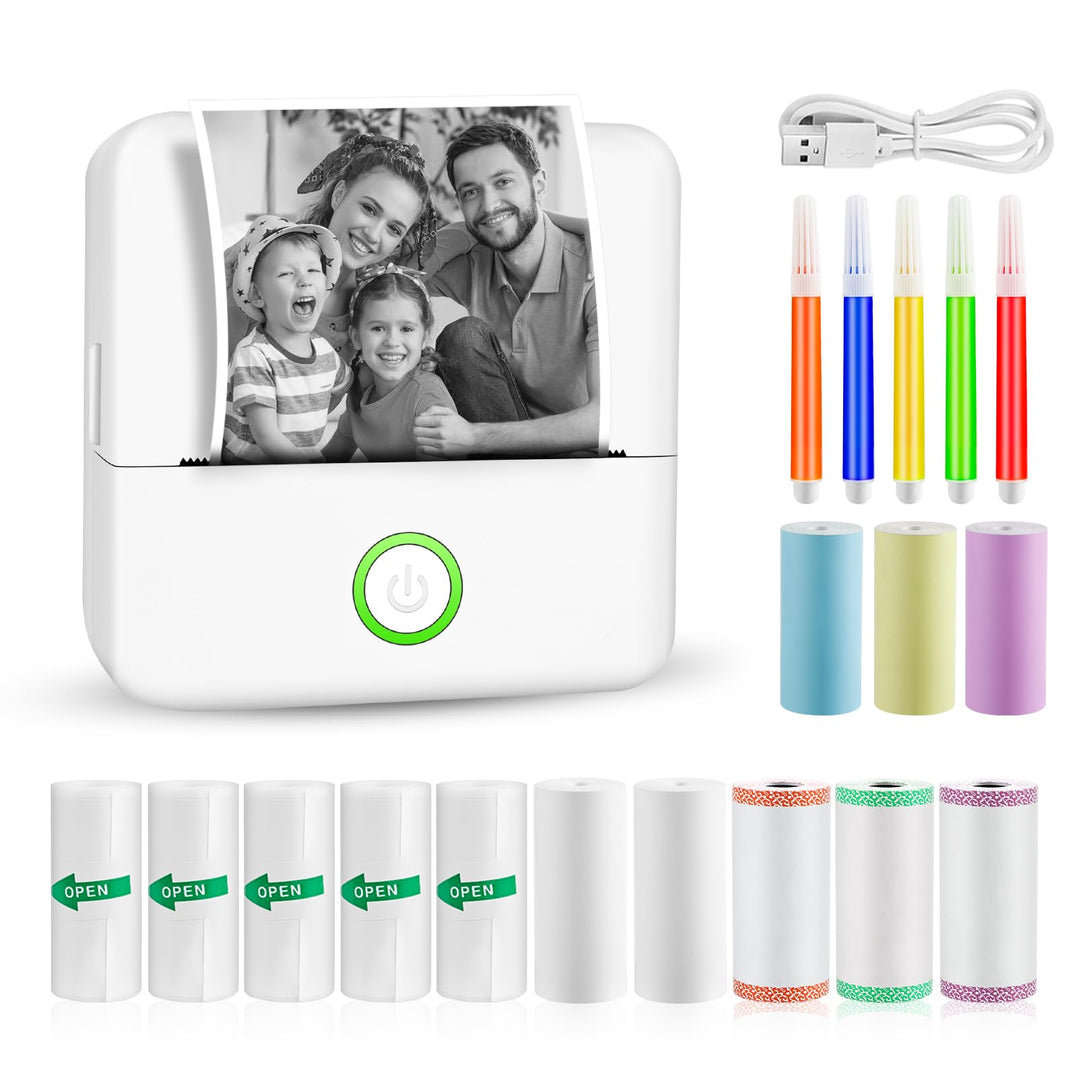 GuKKK Mini Drucker, Mobiler Fotodrucker, Tragbarer, Wireless Thermodrucker, mit 13 Rollen Druckerpap