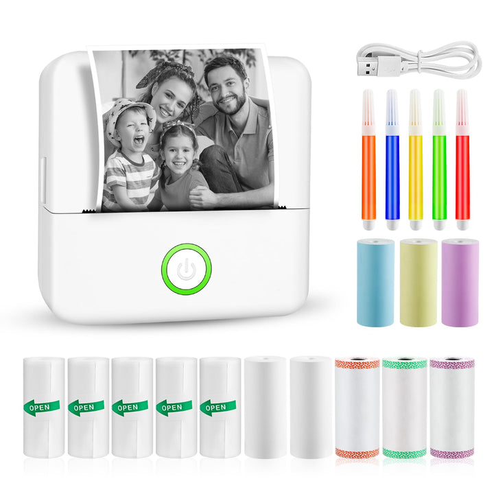 GuKKK Mini Drucker, Mobiler Fotodrucker, Tragbarer, Wireless Thermodrucker, mit 13 Rollen Druckerpap