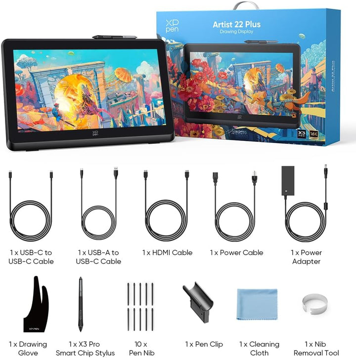 XPPEN Artist 22 Plus Grafiktablett mit Display 16K Druckstufen, Grafiktablett Digital Zeichnung FHD