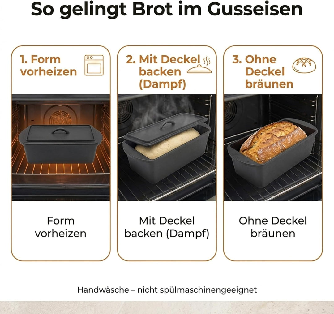 Homira Gusseisen Brotbackform mit Deckel – Voreingebrannt, Backofenfest, Für knuspriges Brot Gusseis