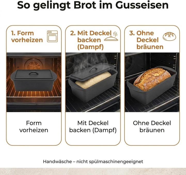 Homira Gusseisen Brotbackform mit Deckel – Voreingebrannt, Backofenfest, Für knuspriges Brot Gusseis